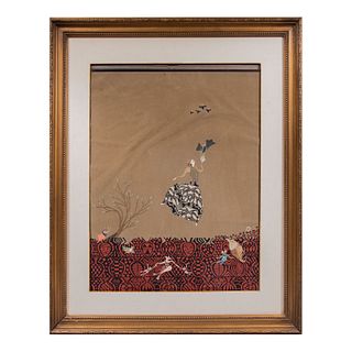 ANÓNIMO Escena onírica Técnica mixta sobre papel terciopelo sobre acrílico Enmarcado  94 x 75 cm con marco
