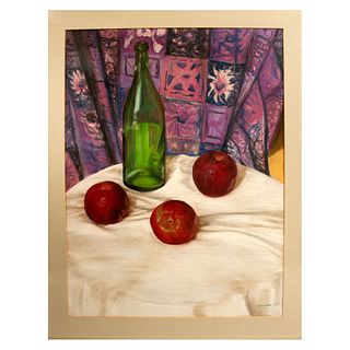 FIRMA SIN IDENTIFICAR Bodegón con botella y manzanas Firmado y fechado 97 al frente Pastel sobre papel Enmarcado 77 x 61 cm con marco