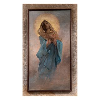 ANÓNIMO Virgen en asunción Óleo sobre tela Enmarcado 102 x 54 cm