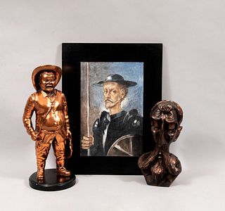 Lote mixto de 3 piezas. Siglo XX. Consta de: Sancho, Busto de Don Quijote y FIRMA SIN IDENTIFICAR Retrato de Don Quijote.