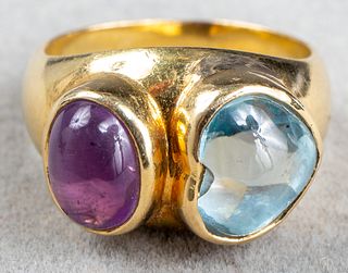 Vintage 18K Yellow Gold Blue Topaz & Amethyst Ring