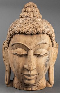 Thai Large Carved Wood Head of Buddha Sculpture