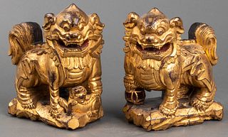 Chinese Carved Giltwood Foo Dogs, Pair