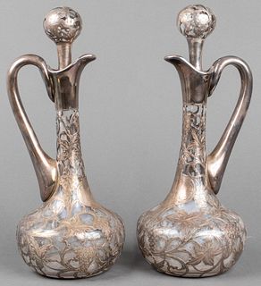 Glass Decanters with Silver Overlay, Pair