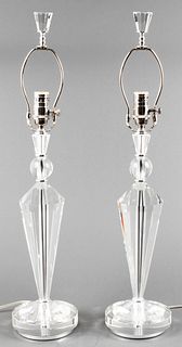 Modern Faceted Colorless Glass Table Lamps, Pair