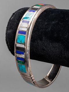 Zuni Silver Multi-Stone Inlay Bangle Bracelet