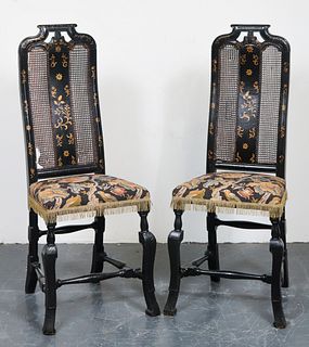English Chinoiserie Ebonized Chairs, Pair
