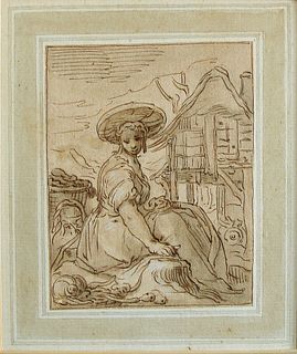 Abraham Bloemaert, Dutch, Seated Peasant Girl, Ink on Paper