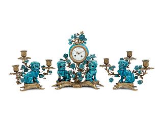 A Louis XV Style Gilt Bronze and Porcelain Clock Garniture   