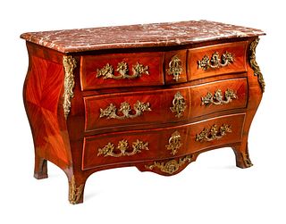 A Regence Style Gilt Bronze Mounted Kingwood Marble-Top Commode