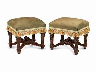 A Pair of Louis XIV Style Carved and Parcel Gilt Tabourets