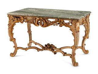A Louis XV Painted and Parcel Gilt Marble-Top Center Table
