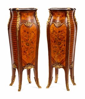 A Pair of Louis XV Style Gilt Metal Mounted Marquetry Pedestals