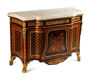 A Louis XVI Style Gilt Bronze Mounted Marquetry Marble-Top Cabinet
