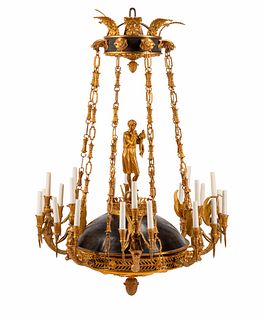 An Empire Style Gilt Bronze and Tole Figural Chandelier