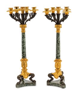 A Pair of Empire Style Gilt and Patinated Bronze and Marble Five-Light Candelabra