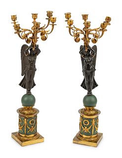 A Pair of Empire Style Gilt and Patinated Bronze and Tole Six-Light Candelabra
