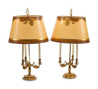A Pair of Empire Style Gilt Metal Three-Light Candelabra Lamps