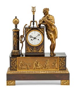 A Louis Philippe Gilt and Patinated Bronze Figural Mantel Clock