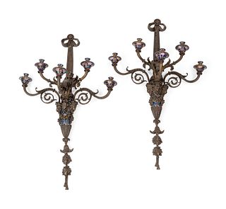 A Pair of Neoclassical Bronze and Cloisonne Five-Light Sconces