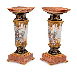 A Pair of Sevres Style Gilt Bronze Mounted Marble and Transfer-Printed Porcelain Pedestals