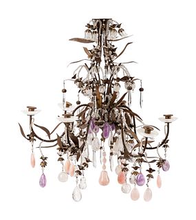 A French Bronze Chandelier with Rock Crystal, Amethyst and Rose Quartz Prisms