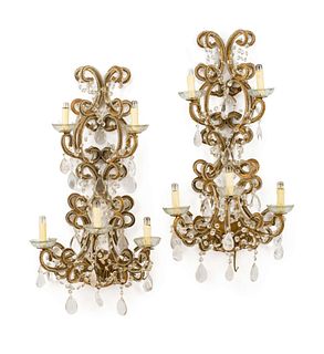 A Set of Four French Beaded Giltwood and Rock Crystal Sconces