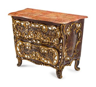 A Venetian Mirror-Inset Painted and Parcel Gilt Faux Marble-Top Commode