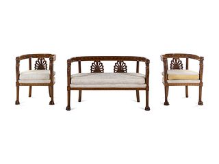 An Italian Neoclassical Style Carved Walnut and Parquetry Three-Piece Salon Suite