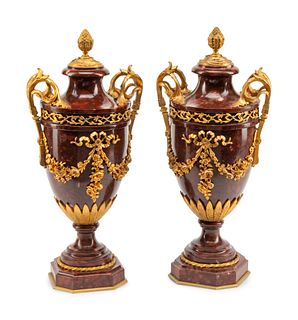 A Pair of Gilt Bronze Mounted Rouge Griotte Marble Urns