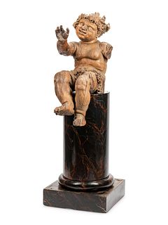 An Italian Carved Wood Figure of Bacchus on a Later Associated Faux Marble Pedestal