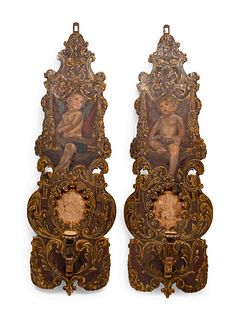 A Pair of Large Italian Tapestry-Inset Painted Wood Sconces