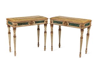 A Pair of Italian Faux Marble Painted Console Tables