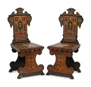 A Pair of Northern Italian Bone Inlaid Hall Chairs