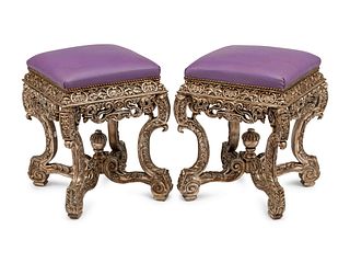 A Pair of Italian Style Silvered Wood Tabourets