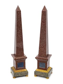 A Pair of Grand Tour Style Gilt Bronze Mounted Tri-Color Granite and Lapis Lazuli Obelisks