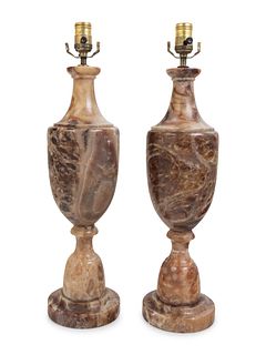 A Pair of Italian Alabaster Urns Mounted as Lamps