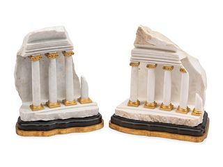 A Pair of Parcel Gilt Carved Carrara Marble Models of Ruins on Painted Wood Bases