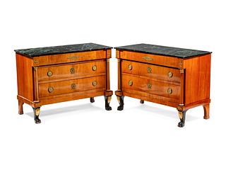 A Pair of Baltic Neoclassical Gilt Bronze Mounted Fruitwood Marble-Top Commodes