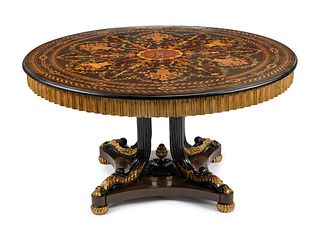 A Continental Parcel Ebonized Marquetry Center Table