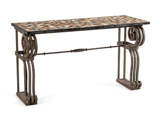 A Continental Iron Console Table with a Specimen Marble Top