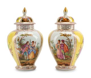 A Pair of Dresden Porcelain Covered Urns