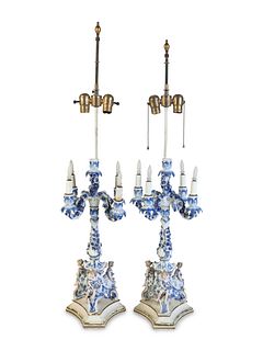 A Pair of Continental Porcelain Candelabra Mounted as Lamps