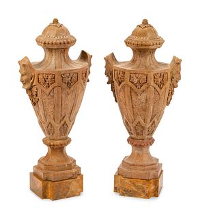 A Pair of Gothic Style Marble Urns with Satyr Handles