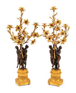 A Pair of Continental Gilt and Patinated Bronze Figural Candelabra