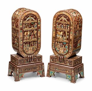 A Pair of Egyptian Style Painted and Inlaid Cabinets