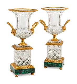 A Pair of Gilt Metal Mounted Cut Glass and Malachite Urns