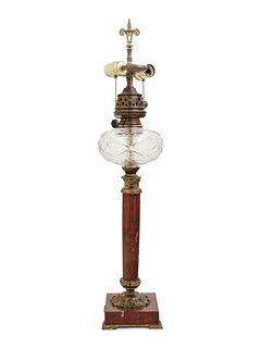 A Continental Gilt Bronze and Marble Fluid Lamp Converted to Electricity