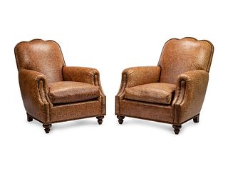 A Pair of Faux Ostrich Embossed Leather Upholstered Club Chairs   