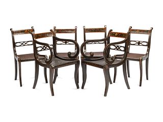A Set of Six Regency Stencil Decorated and Parcel Gilt Ebonized Dining Chairs